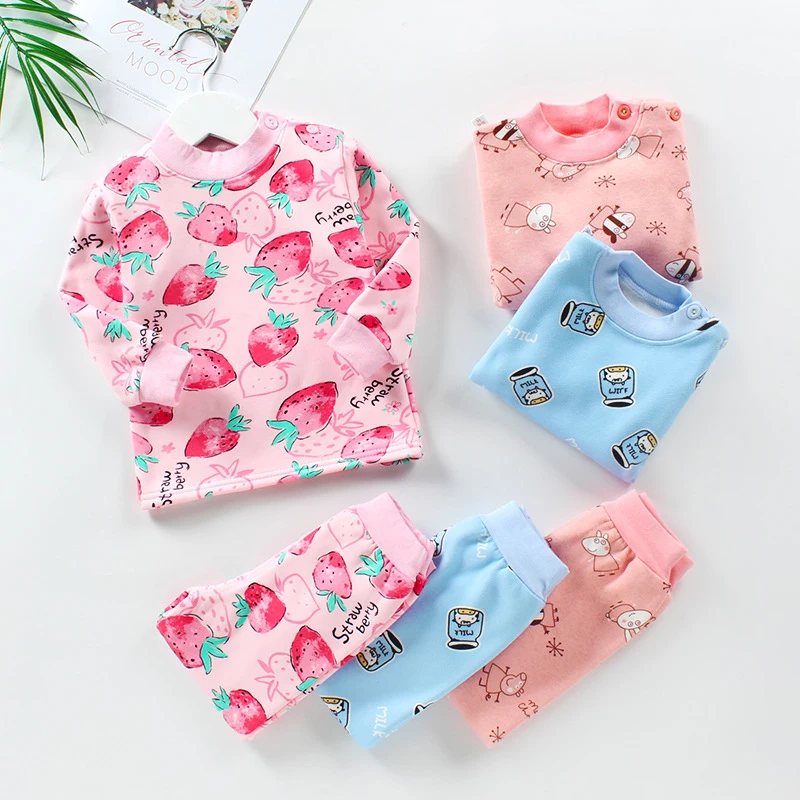 

Baby Toddler Clothes Set Children Cartoon Winter Home Service Plus Velvet Thick Thermal Pajamas Suit Newborn Underwear Sleepwear