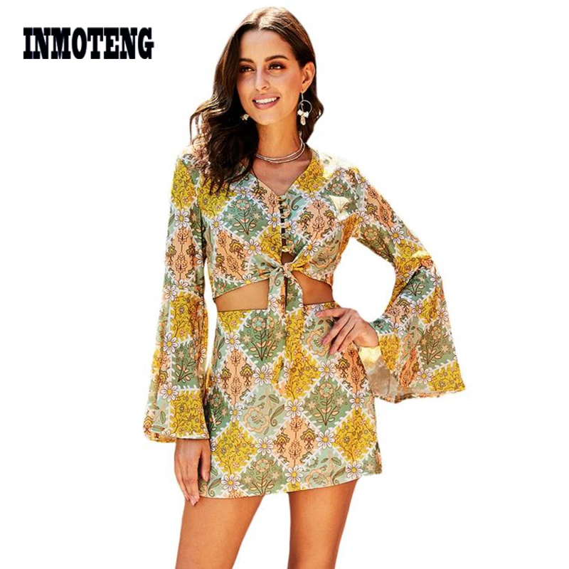 Желтый ретро колокол с длинным рукавом спереди узел 2 шт. Костюм Платье женское