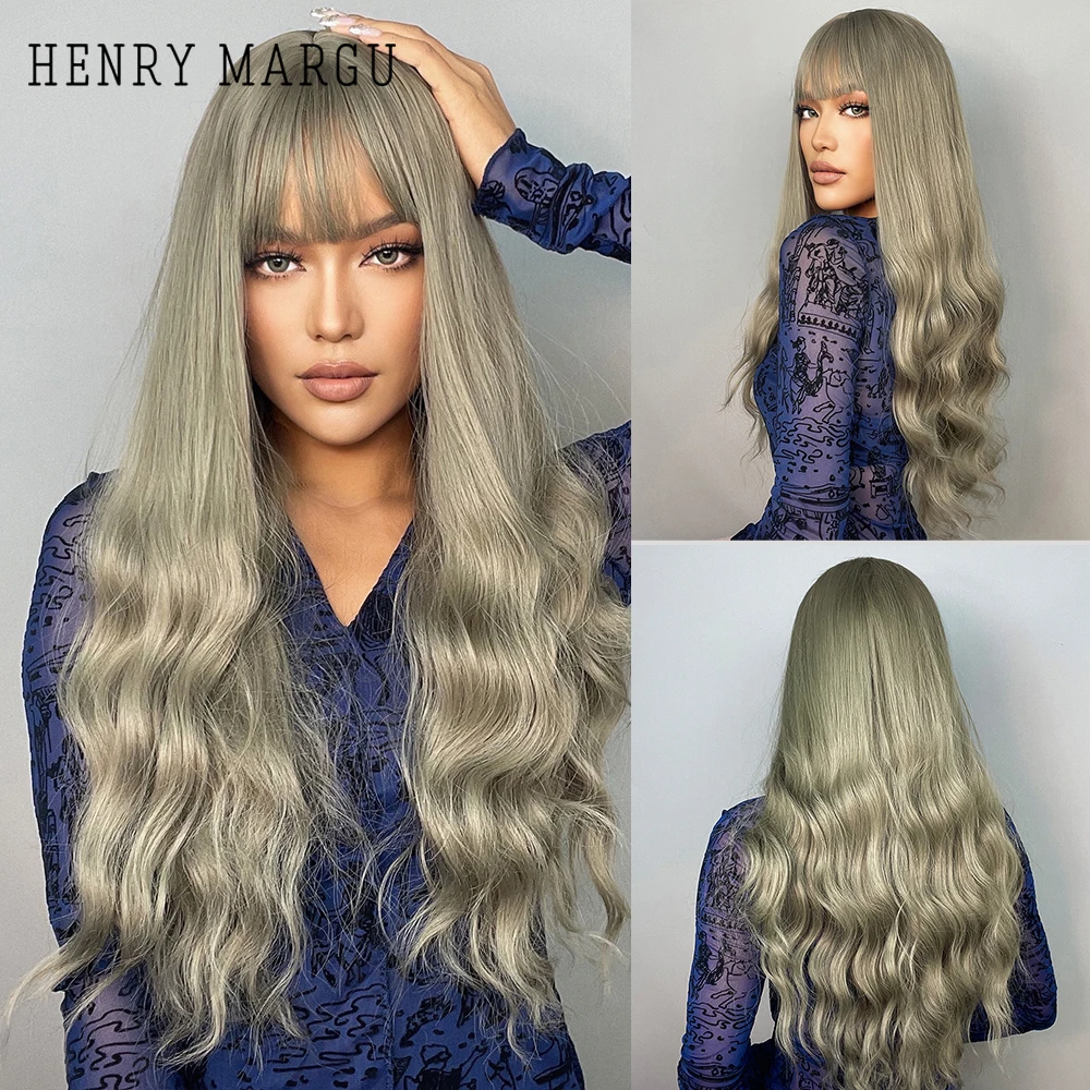 

HENRY MARGU Long Wavy Synthetic Wigs with Bangs Ash Green Kinky Curly Natural Wigs for Women Party Cosplay Heat Resistant Wigs