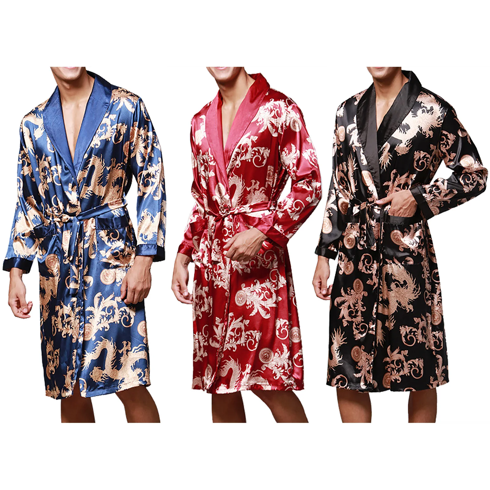 Men's Silk Satin Robe Pajamas Long Sleeve Pattern Dragon PJ Kimono Bathrobe