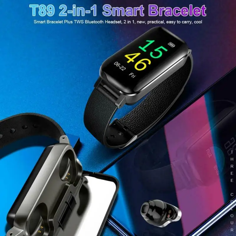 T89 TWS умные бинауральные наушники фитнес-браслет пульсометр Bluetooth-совместимый