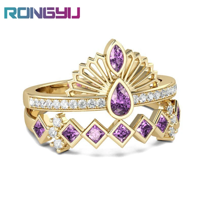 

CZ Crystal Fashion Electroplate 18K Gold Crown Rings for Women Charm Purple Zircon Engagement Wedding Ring Nice Jewelry Gift