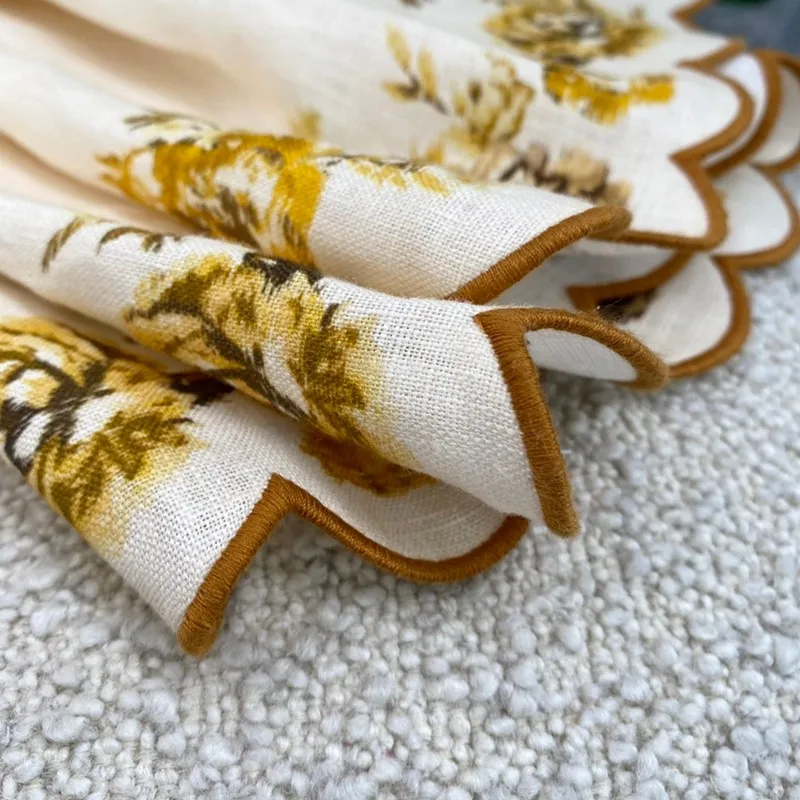 

2021 New Summer Women Fashion Spaghetti Strapless Camisole Yellow Floral Print Embroidery Wave Edge Mid-Calf Dresses