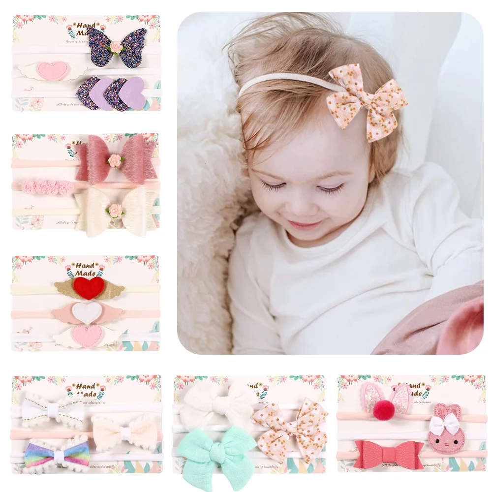 

Boutique 3in1 Set Fashion Cute Floral Bowknot Nylon Headbands Glitter Butterfly Cartoon Soft Hairbands Princess Newborn Headwear