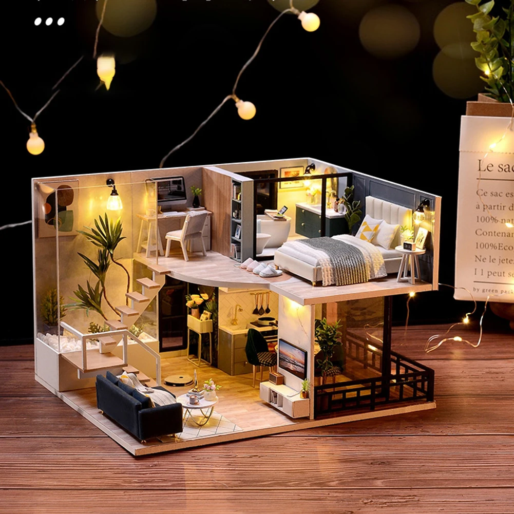 

DIY Wood Miniature Double Loft Dollhouse Kit w/ Dustcover Manual Handmade Assembled 3D Model Doll House for Kids Gifts Decor