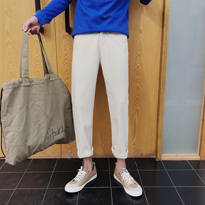 

Men's Fashion Trend Cotton Casual Jean Pants Rice white/black Trousers 2021 Spring Men Slim Fit Angle-length Harem Pants