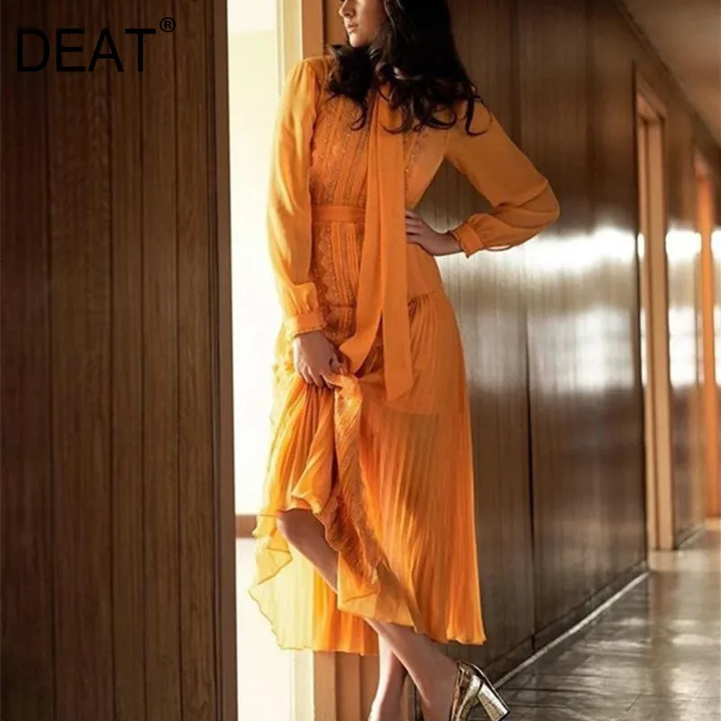 DEAT одноцветное с воротником длинными рукавами вышивкой кружевное высокой талией