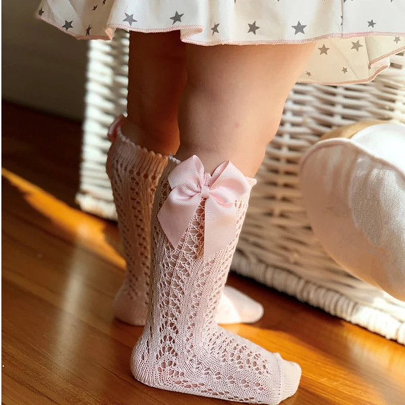 Летние Детские сетчатые тонкие носки с бантом для малышей девочек длинные до