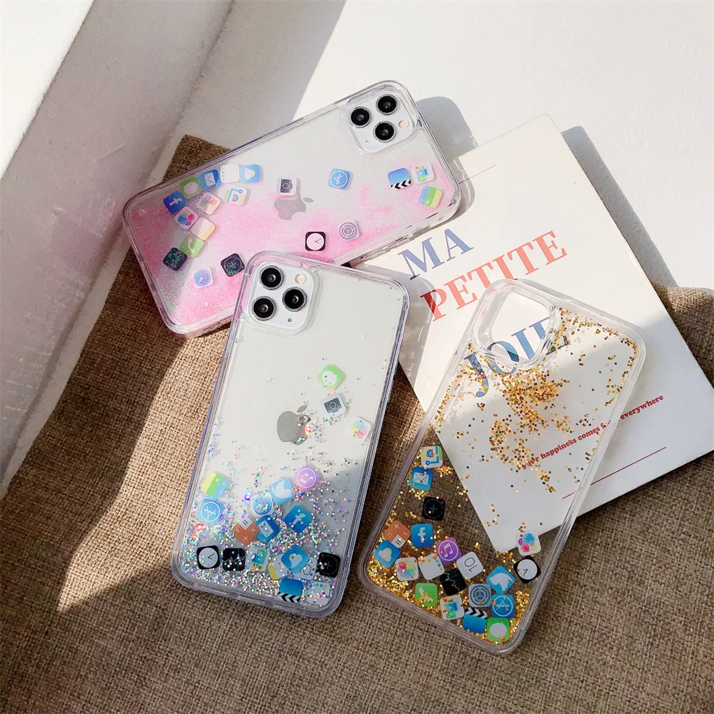 

Liquid Quicksand Bling Case For IPhone 13 12 11 Pro Max Hard Acrylic Dynamic App Clear Protect Cover For 6 7 8 Plus X Xr Xs Max
