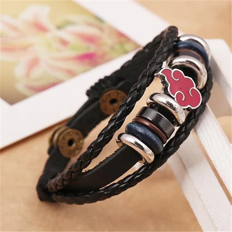 

Anime Cosplay Accessories Uchiha Itachi Jewelry Red Cloud Symbol Double Twine Metal PU Leather Wristband Bracelet Prop