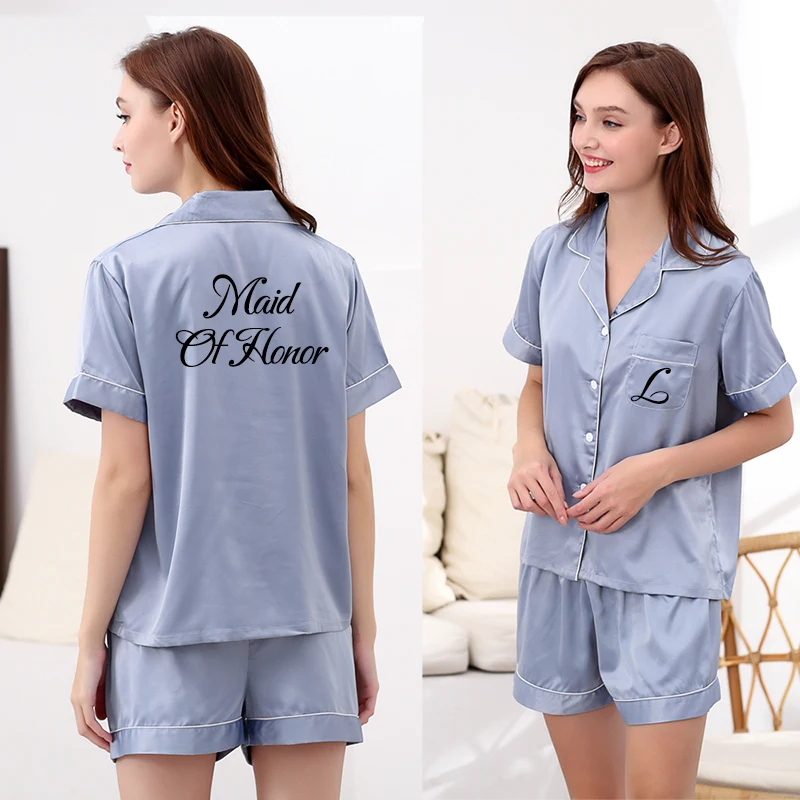 Summer Satin Silk Wedding Pajamas Set Women Bridesmaid Bride Pyjama Set Silky Lounge Wear Pajamas Grey Blue Pjs Solid