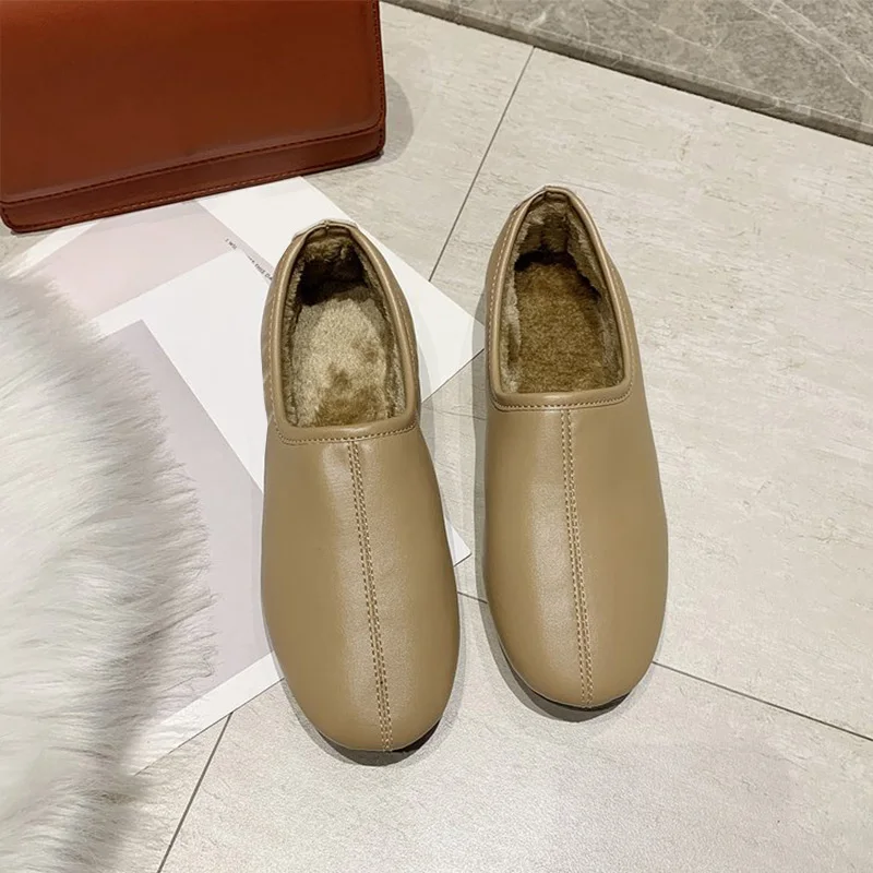 Khaki Женская обувь из мягкой кожи на плоской подошве; женская обувь без шнуровки; прошитая Женская Теплая обувь с мехом; Плюшевые Женские повседневные удобные лоферы; женская обувь; новая зимняя обувь - Цвет: Khaki