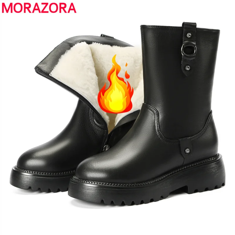 

MORAZORA 100% Nature Wool Genuine Leather Boots Women Keep Warm Winter Snow Boots Platform Zip Ankle Boots Warm Female Shoes