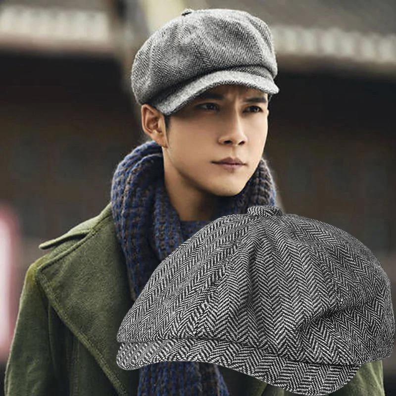 

Men Beret Vintage Herringbone Gatsby Tweed Peaky Blinders Hat Newsboy Beret Hat Spring Winter Flat Peaked Beret Hats