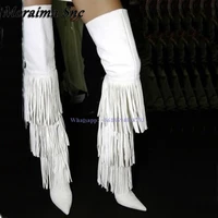 new long fringe white boots solid stilettos high heel boots thigh high pointed toe over the knee women boots big shoes botas