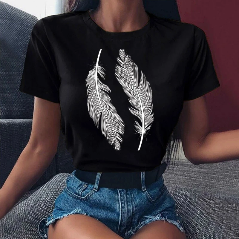 

Fashion Women T Shirt Butterfly Print Tshirt Heart T Shirt Summer Short Sleeve Tops Tee Female Feather T-shirts 27576