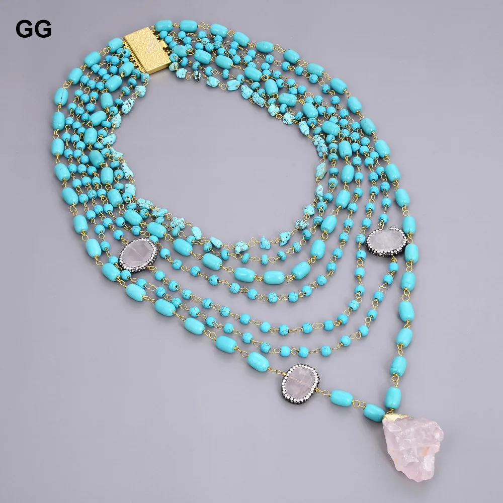 GG Jewelry 19 &quot-31&quot 7 нитей голубой бирюзовый камень кошачий глаз розовая подвеска в