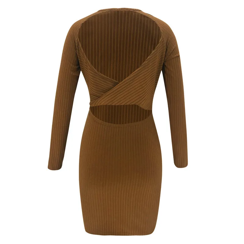 

Sexy Backless Bodycon Dress Women 2020 Autumn Ribbed Knitted Knee-Length Dress Ladies O-Neck Long Sleeve Slim Fit Party Dresses