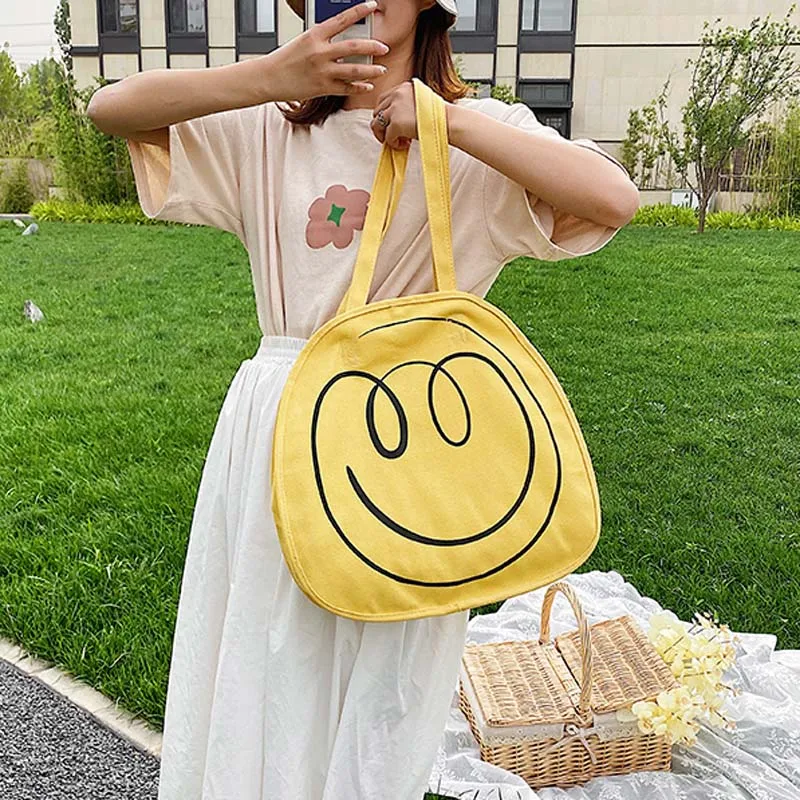 

Students Casual Large Capacity Handbag Women Smiling Face Canvas Tote Bag Ladies Hobos Designer Hand Bags A Main Femme 2021