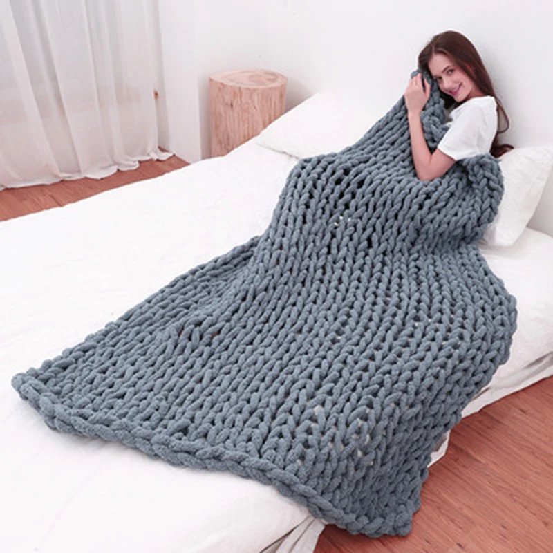 

Soft Hand Chenille Chunky Knitted Blanket Thick Yarn Wool-like Bulky Knitting Polyester Sofa Throw Blanket Winter Blankets