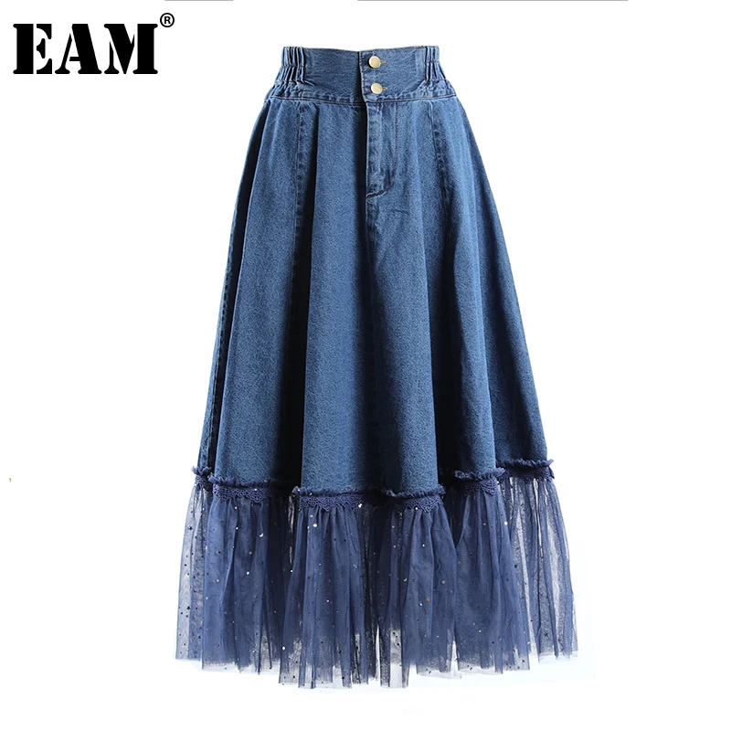

[EAM] High Waist Blue Mesh Denim Spliced Long Casual A-LINE Half-body Skirt Women Fashion Tide New Spring Autumn 2021 1DE2197