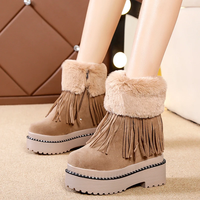 

Kjstyrka 2020 Korean version plus velvet warm snow boots female short tube cotton boots tassel zipper Martin boots cotton shoe