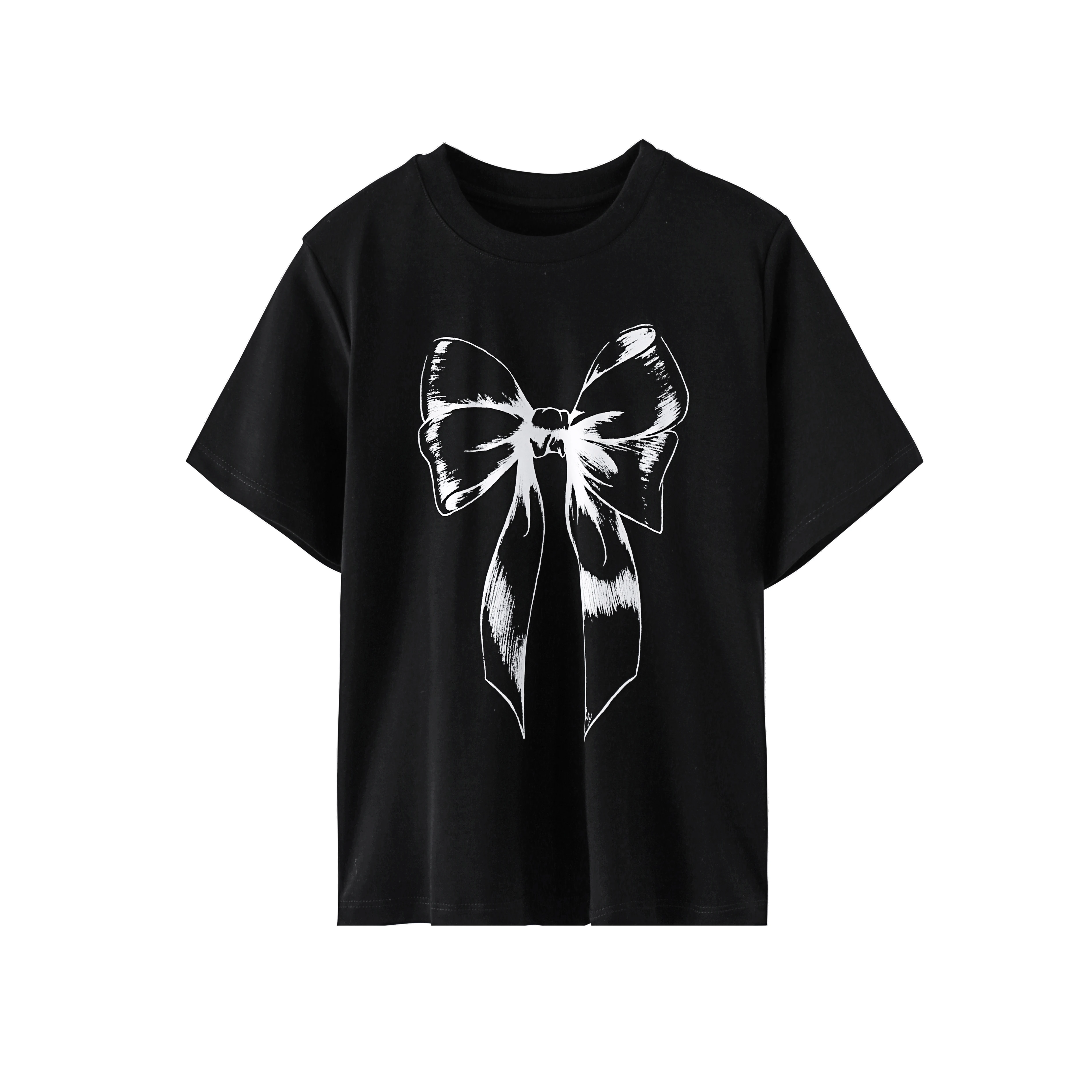 

Korean Style 2021 Spring and Summer New Fashion Loose Bow Printed Design round Neck Short Sleeve T-shirt Top Women's Fashion
