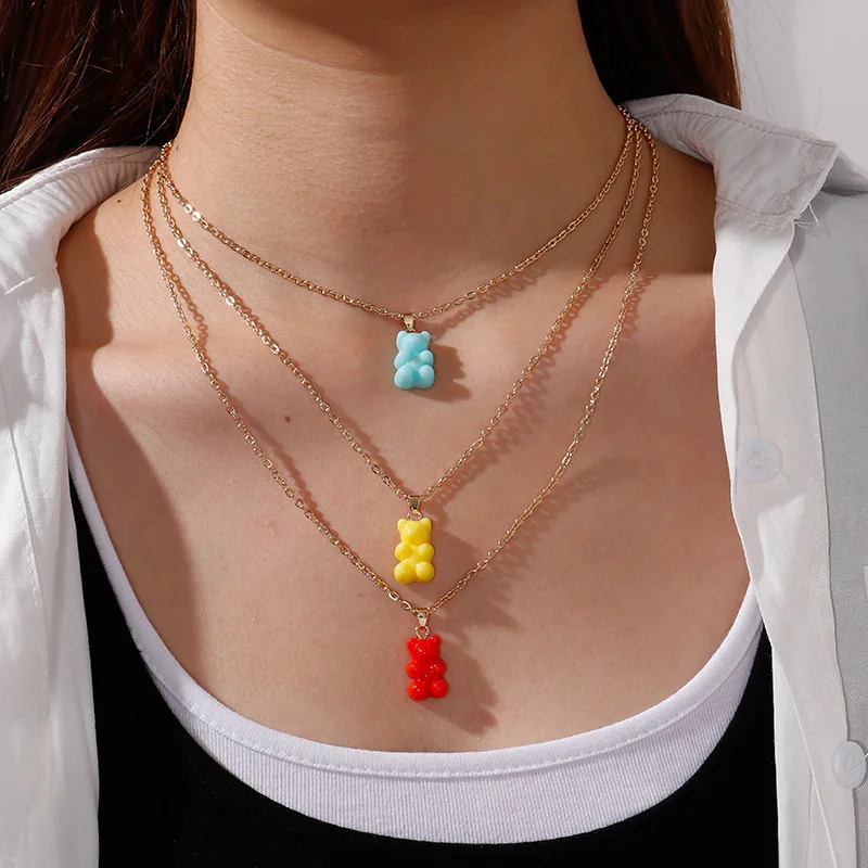 

Cute Candy Color Gummy Mini Bear Necklace For Women Christmas Gifts Multilayer Necklaces Jewelry Women Girls Gold Necklace