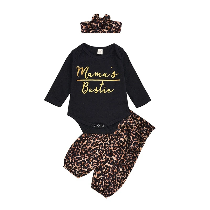 

Infant Baby Clothes Spring Baby Girl Letters Print Romper Tops Leopard Trousers Outfits Long Sleeve Clothes Headband Free