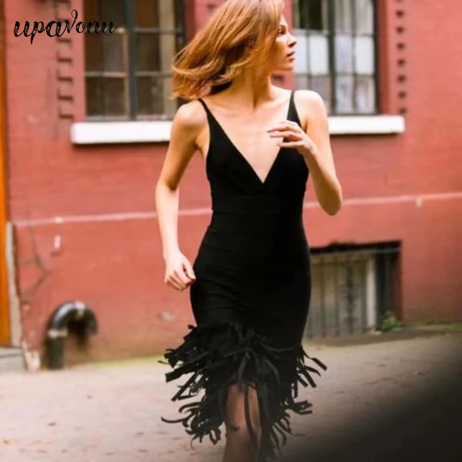 

Free Shipping 2022 Spring Sexy Fringed Bandage Dress Women's Sling Sleeveless Bodycon Midi Dresses Celebrity Club Party Vestidos