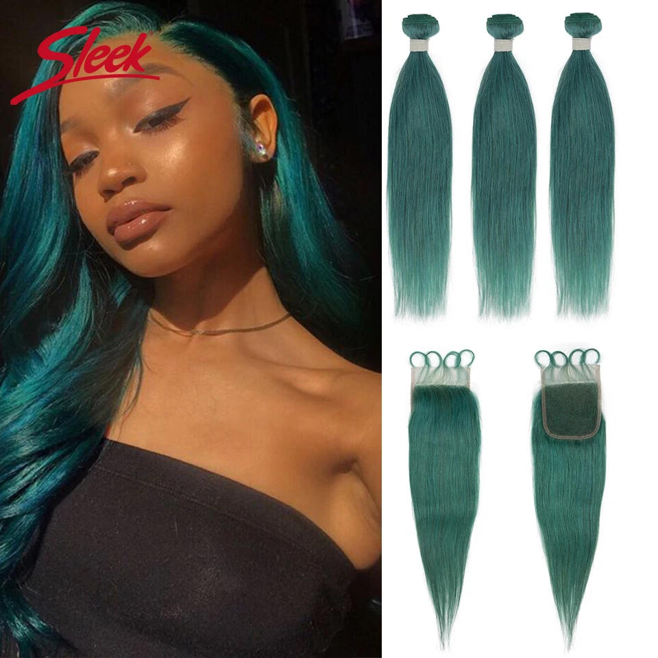 Sleek Brazilian Bundles With Closure Flash Cyan Color 3 Bundles With Closure Natural Remy Human Hair For Black Women