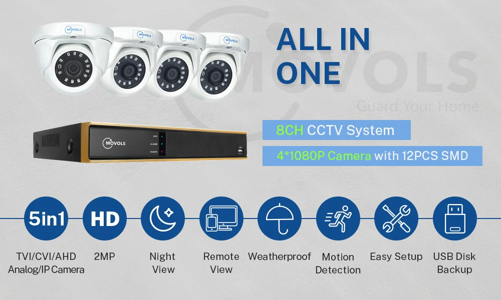 MOVOLS 1080P 8CH DVR система видеонаблюдения 4 шт. 2MP домашняя наружная камера ночного видения, водонепроницаемая камера видеонаблюдения