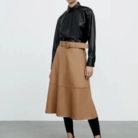 za women 2021 chic fashion imitation leather with belt cape skirt vintage high waist side zipper female skorts mujer