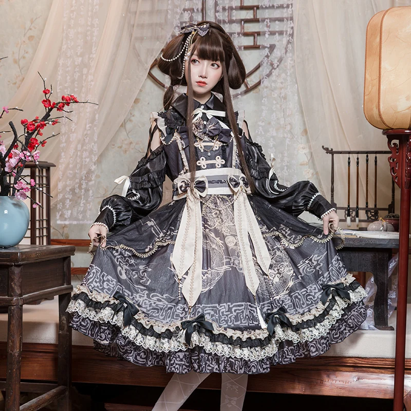 Gorgeous Chinese Hanfu stand-up collar retro sweet lolita  victorian printing lace bowknot kawaii girl cos gothic lolita loli
