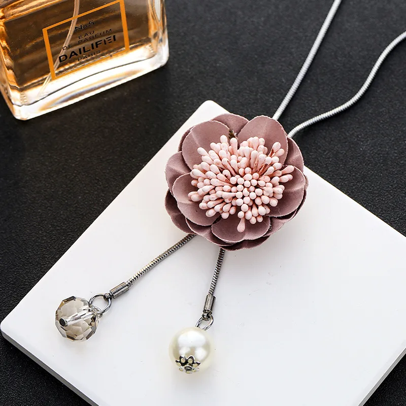 

Korean Style Ethnic Style Retro Fabric Flower Pendant Tassel Crystal Necklace Women Long Sweater Chain with Accessories Jewelry