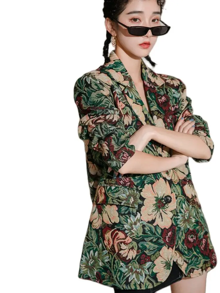 

Suitlionbutf 2020 Autumn Vintage Floral Print Blazer Feminino Notched Loose Long Women Coat Korean Elegant Vadim Blazer Femme