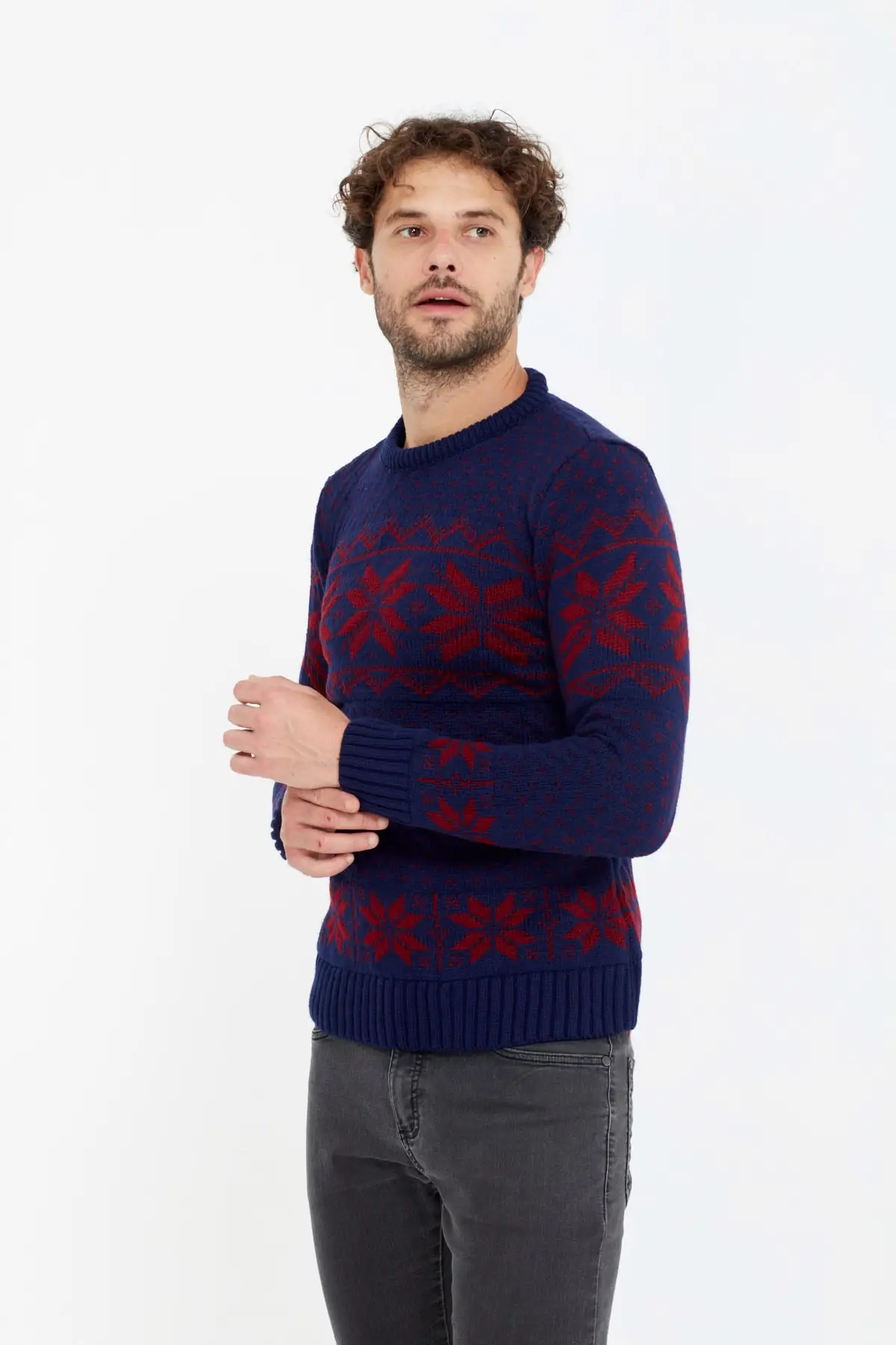 

Burgundy Color Snow Pattern O Neck Slim Fit Knitwear 100% Cotton Winter Casual Men's Sweater