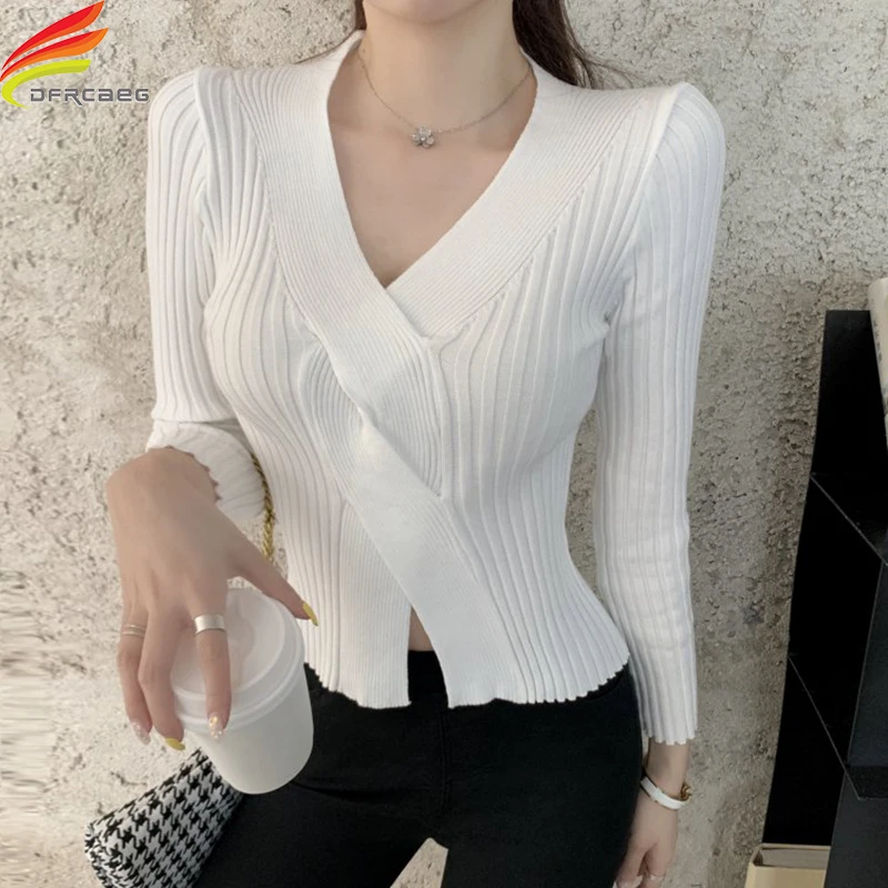 New 2022 Autumn Winter Sweater Women V Neck Collar Twist Knitted Sweaters And Pullovers Black Khaki White Rib Cotton Ladies Tops