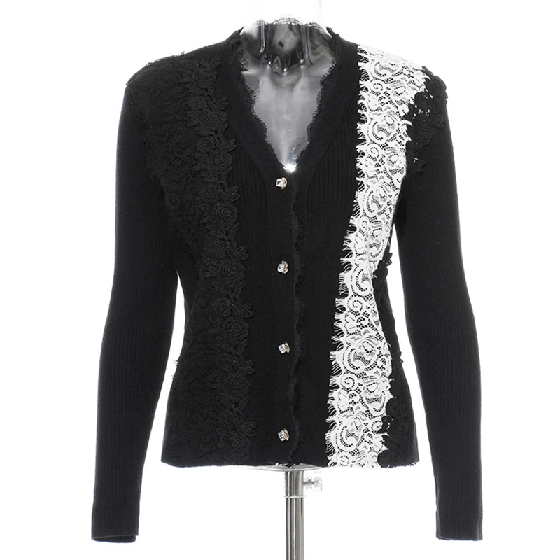 Women Sweater Colorblock Lace Applique Spring Autumn Knitted Cardigans |