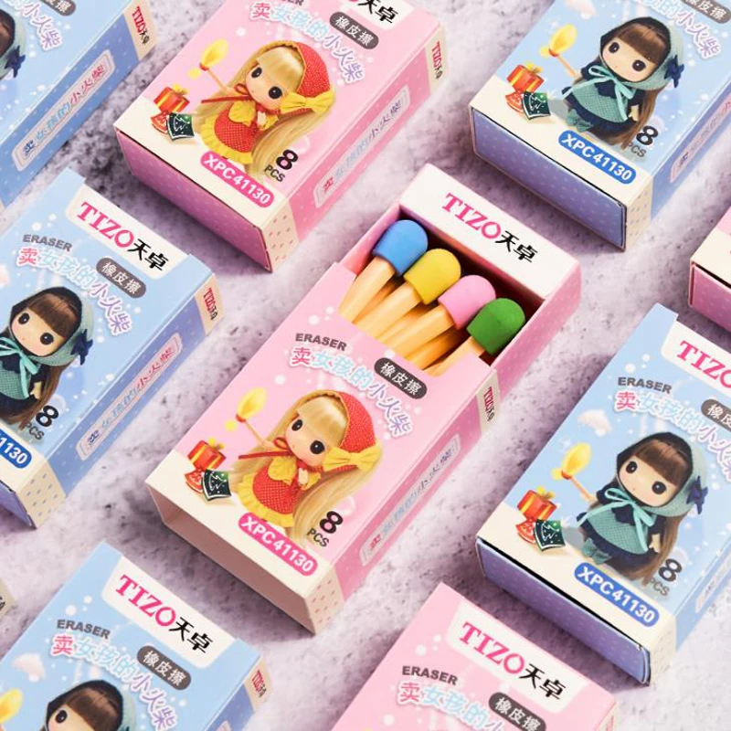 8 шт./упак. Kawaii для девочек спички коробка Цветной каучуковый карандаш Ластики для детей студентов подарок школьные канцелярские принадлежности