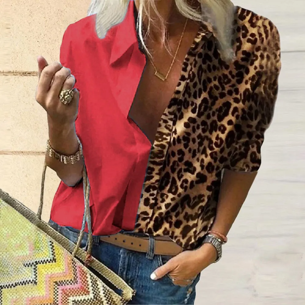 

Leopard Blouse Shirt Women Turn Down Collar Shirts Fall Long Sleeve V-Neck Fashion Tops Sexy Female Plus Size Streetwear Blouses