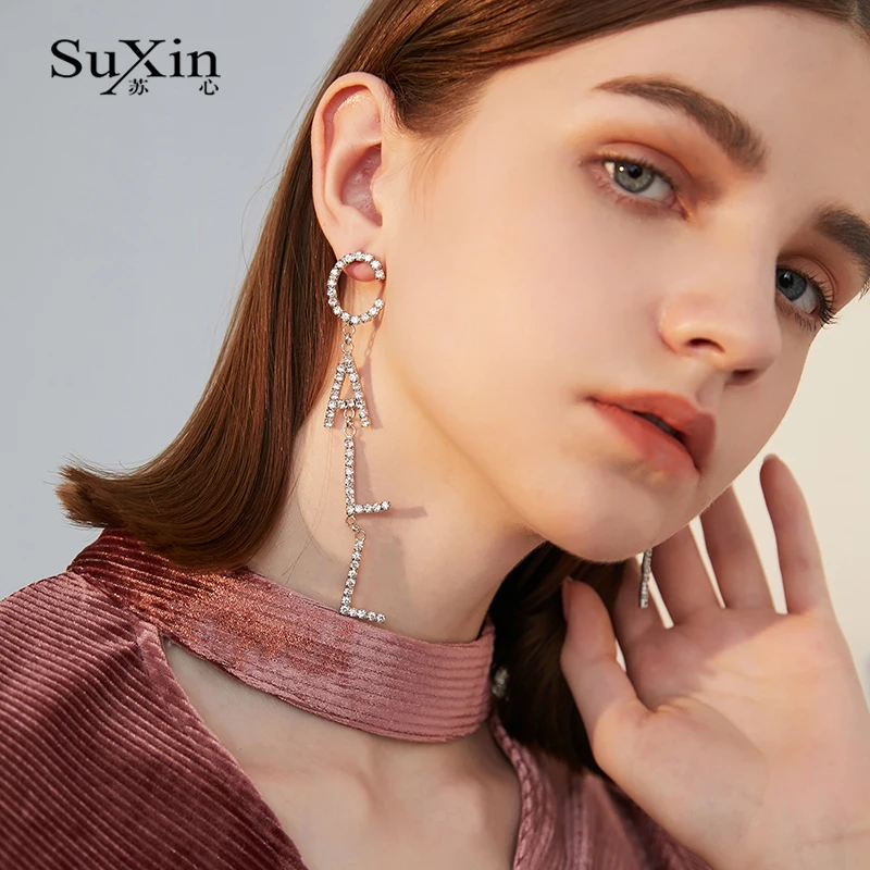 

Suxin Silver Color Big Drop Earrings Bride Teardrop Crystal Bridal Earrings For women Rhinestone Swing Wedding Earrings