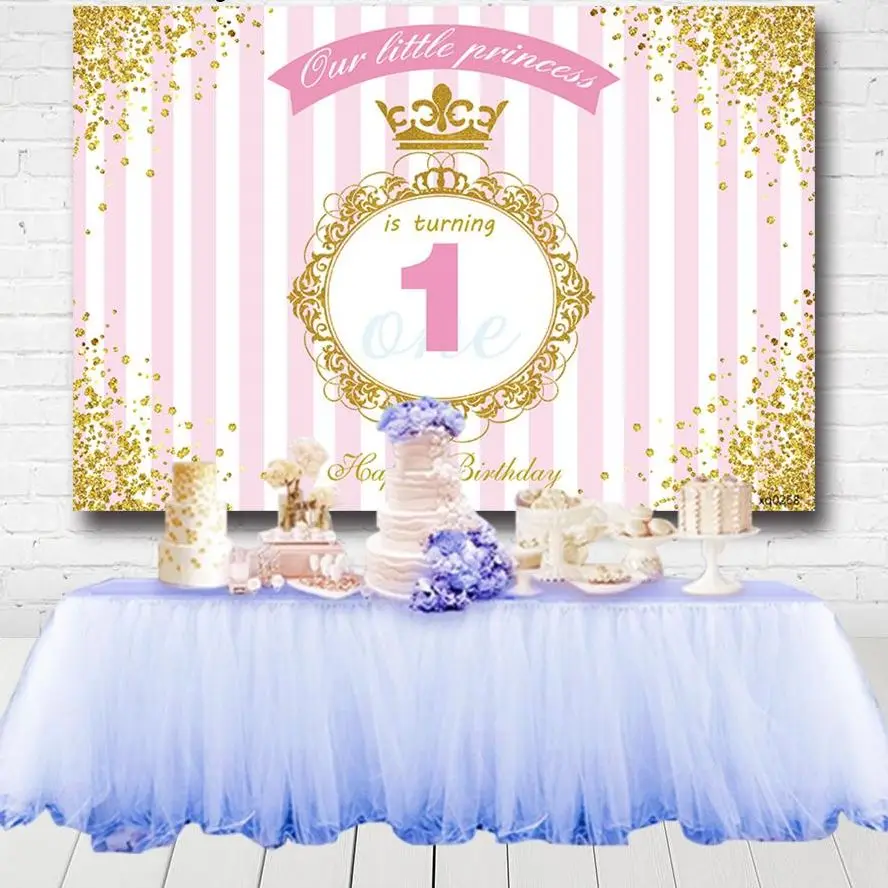 

Baby Girls 1st Birthday Party Backdrop Gold Glitter Frame Crown Striped Kids Baby Shower Newborn Photography Background