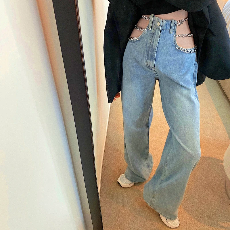 

Jeans Women's Summer Thin High Waist Wide Leg Pants Loose Jeans Skinny Womens clothing Sexy Hollow waist chain Jeans Denim 880H