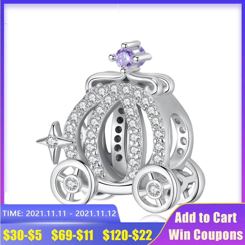 

Genuine 100% 925 Sterling Silver Princess Pumpkin Car Charms Dazzling Clear Purple Zircon Beads for Women Bracelet Fine Jewelry