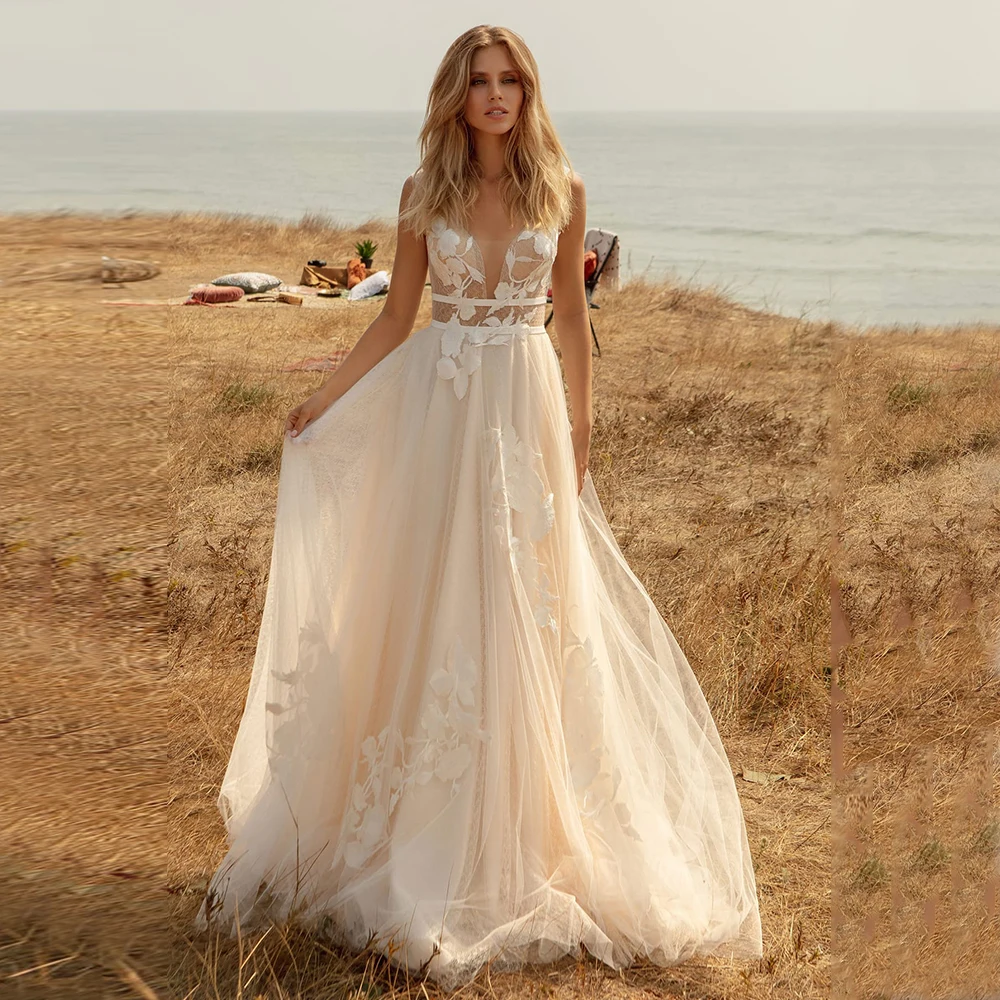 

Boho Bohemian Long Tulle Wedding Dress For Woman Sleeveless Backless Beach Bridal Gown Long Train Vestido De Novia A Line