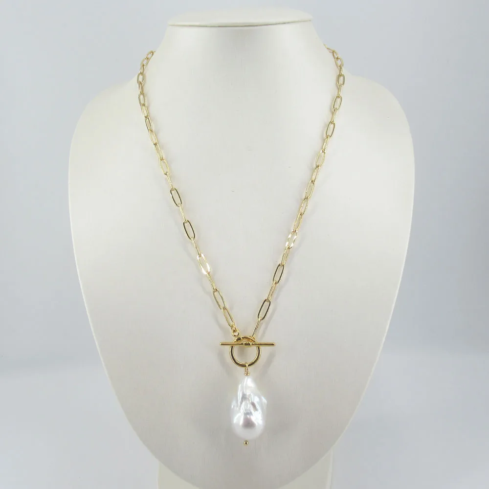 

Natural Cultured White Keshi Baroque Pearl Gold Color Plated Chain Necklace Party Sweater Chain Necklace For Women 52CM