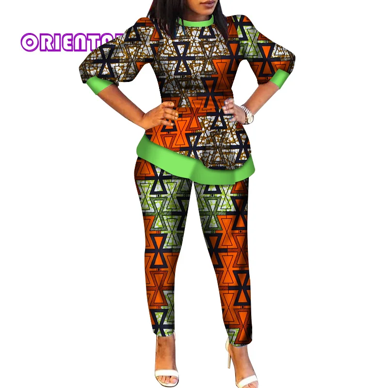 

2 Pieces Sets Women Suits African Wax Print Long Sleeve Top and Pants for Women Cotton Bazin Riche African Style Clothing WY158