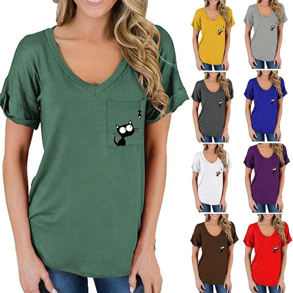 Футболка Женская летняя с коротким рукавом и v-образным вырезом карманом