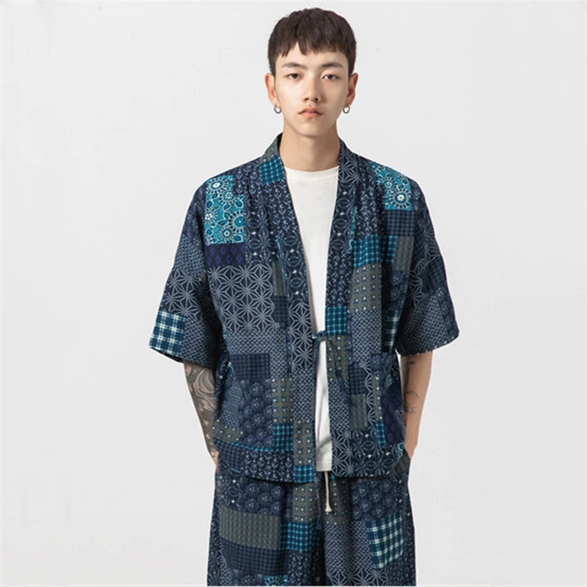 Кимоно мужское из хлопка и льна хаори кардиган в японском стиле Харадзюку